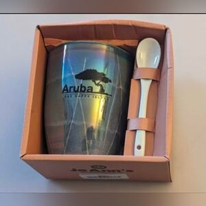 JoAnn's Blue Glazed Ceramic Mug W/Spoon. "Aruba One Happy Island". New Set.